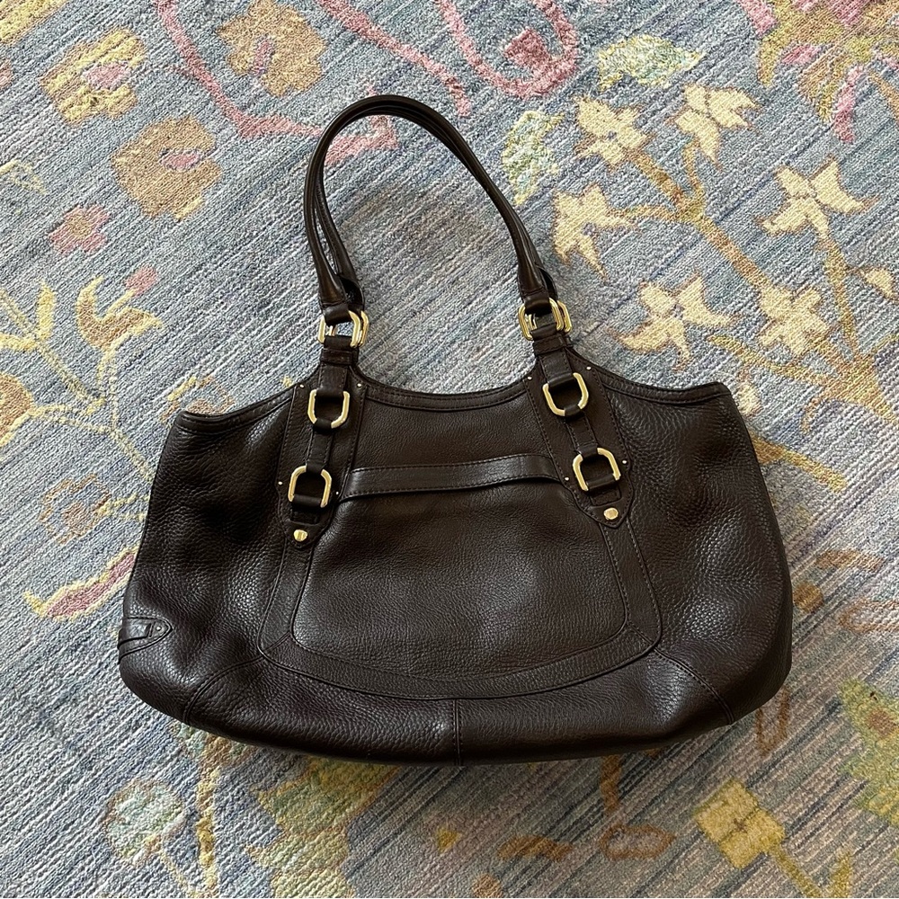 COLE HAAN COGNAC BROWN LEATHER GOLD SHOULDER TOTE BAG PURSE